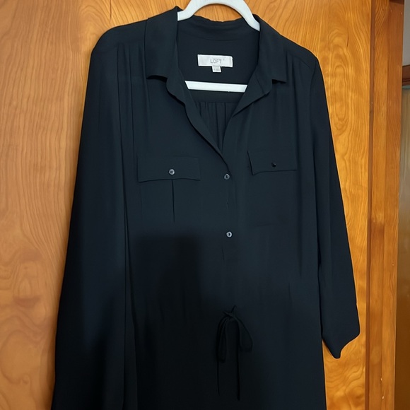 LOFT 3/4 Sleeve Black Drawstring Dress-Button Front-Like New-Size 10 - Picture 3 of 6